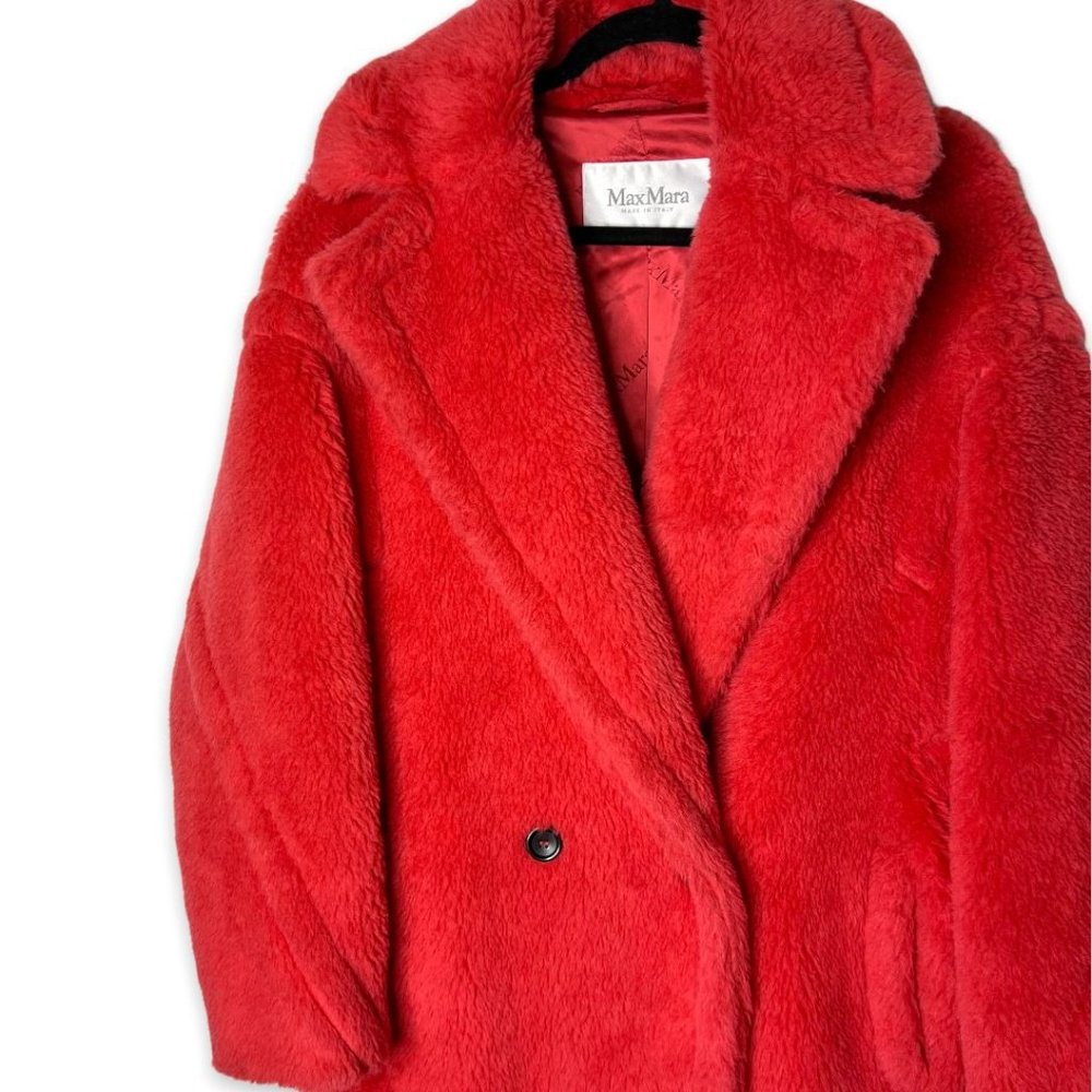 MAX MARA Teddy Bear Icon Coral Red Tedgirl Faux Fur Coat Size S - Picture 10 of 14